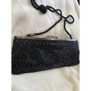 Vintage 80’s CEM brand | Handmade Black Beaded Evening Clutch with Chain Strap